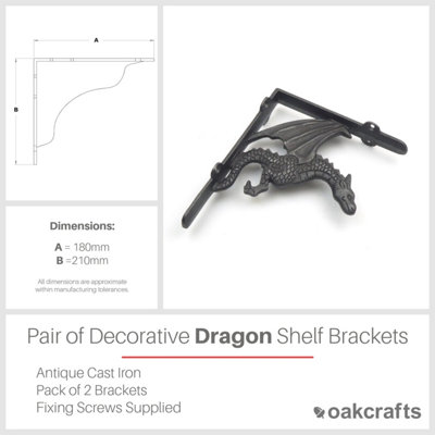 Pair of Antique Cast Iron Winged Dragon Shelf Brackets - 180mm x 210mm