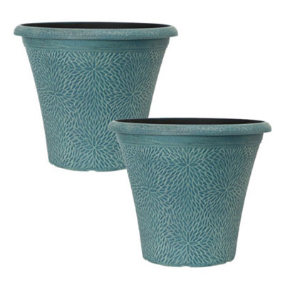 Pair of April Indigo Green Round Planters 14.5'' Containers For Flowers