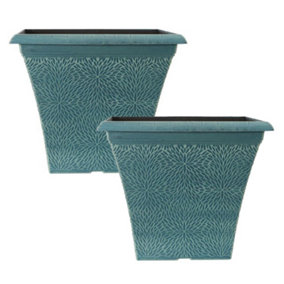 Pair of April Indigo Green Square Planters 14.5'' Containers For Flowers