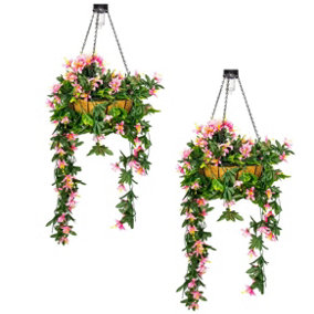 Pair of Artificial Duranta Pink Flowers Hanging Basket with Solar Light  26cm