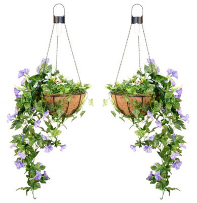 Pair of Artificial Duranta Purple Flowers Hanging Basket with Solar Light  26cm