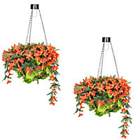 Pair of Artificial Duranta Red Flowers Hanging Basket with Solar Light  26cm