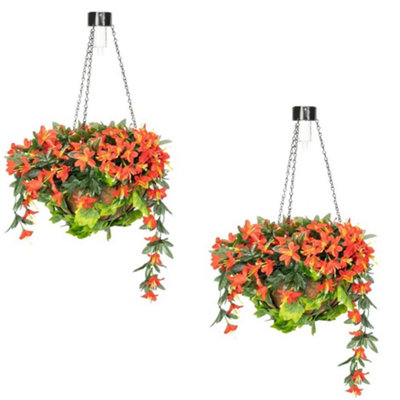 Pair of Artificial Duranta Red Flowers Hanging Basket with Solar Light  26cm