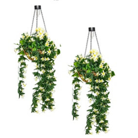 Pair of Artificial Duranta White Flowers Hanging Basket with Solar Light  26cm
