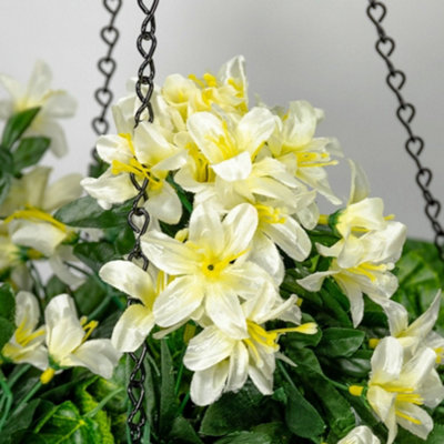 Pair of Artificial Duranta White Flowers Hanging Basket with Solar Light  26cm