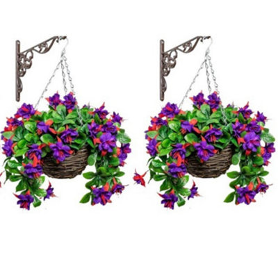 Pair of Artificial Fuchsia Flowers Rattan Hanging Basket Decoration Purple 25cm
