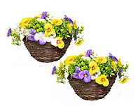 Pair of Artificial Pansy Flowers Rattan Hanging Basket Decoration Yellow Purple & White 25cm