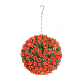 Pair of Best Artificial 23cm Orange Rose Hanging Basket Flower Topiary Ball - Suitable for Outdoor Use - Weather & Fade Resistant