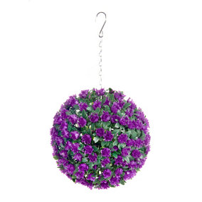 Pair of Best Artificial 23cm Purple Rose Hanging Basket Flower Topiary Ball - Suitable for Outdoor Use - Weather & Fade Resistant