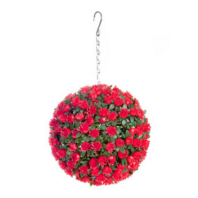 Pair of Best Artificial 23cm Red Rose Hanging Basket Flower Topiary Ball - Suitable for Outdoor Use - Weather & Fade Resistant