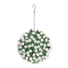 Pair of Best Artificial 23cm White Rose Hanging Basket Flower Topiary Ball - Suitable for Outdoor Use - Weather & Fade Resistant