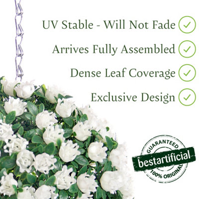 Pair of Best Artificial 23cm White Rose Hanging Basket Flower Topiary Ball - Suitable for Outdoor Use - Weather & Fade Resistant