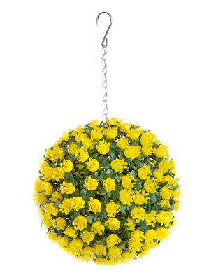 Pair of Best Artificial 23cm Yellow Rose Hanging Basket Flower Topiary Ball - Suitable for Outdoor Use - Weather & Fade Resistant