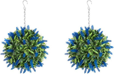 Pair of Best Artificial 24cm Blue Lush Lavender Hanging Basket Flower Topiary Ball - Weather & Fade Resistant