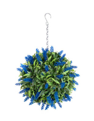 Pair of Best Artificial 24cm Blue Lush Lavender Hanging Basket Flower Topiary Ball - Weather & Fade Resistant