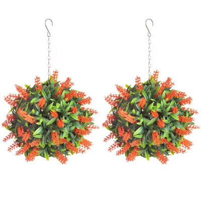 Pair of Best Artificial 24cm Orange Lush Lavender Hanging Basket Flower Topiary Ball - Weather & Fade Resistant
