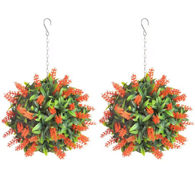 Pair of Best Artificial 24cm Orange Lush Lavender Hanging Basket Flower Topiary Ball - Weather & Fade Resistant