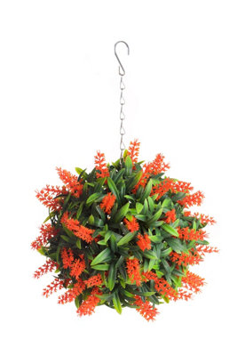 Pair of Best Artificial 24cm Orange Lush Lavender Hanging Basket Flower Topiary Ball - Weather & Fade Resistant