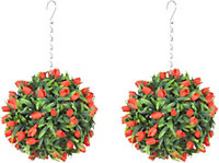 Pair of Best Artificial 24cm Orange Lush Tulip Hanging Basket Flower Topiary Ball - Weather & Fade Resistant