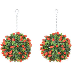Pair of Best Artificial 24cm Orange Lush Tulip Hanging Basket Flower Topiary Ball - Weather & Fade Resistant