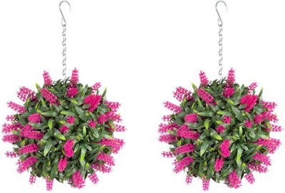 Pair of Best Artificial 24cm Pink Lush Lavender Hanging Basket Flower Topiary Ball - Weather & Fade Resistant
