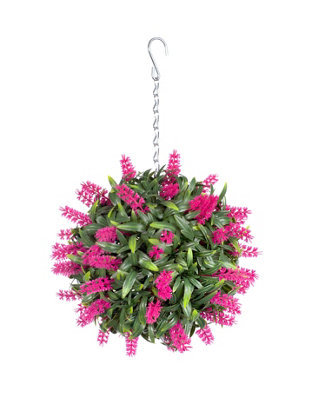 Pair of Best Artificial 24cm Pink Lush Lavender Hanging Basket Flower Topiary Ball - Weather & Fade Resistant