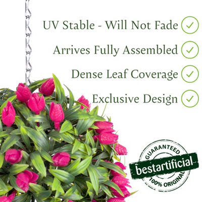 Pair of Best Artificial 24cm Pink Lush Tulip Hanging Basket Flower Topiary Ball - Weather & Fade Resistant