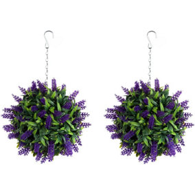 Pair of Best Artificial 24cm Purple Lush Lavender Hanging Basket Flower Topiary Ball - Weather & Fade Resistant