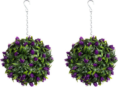 Pair of Best Artificial 24cm Purple Lush Tulip Hanging Basket Flower Topiary Ball - Weather & Fade Resistant