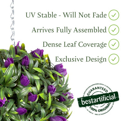 Pair of Best Artificial 24cm Purple Lush Tulip Hanging Basket Flower Topiary Ball - Weather & Fade Resistant