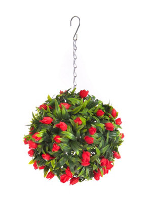 Pair of Best Artificial 24cm Red Lush Tulip Hanging  Basket Flower Topiary Ball - Weather & Fade Resistant