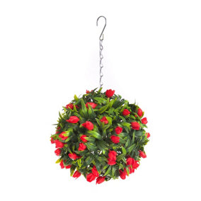 Pair of Best Artificial 24cm Red Lush Tulip Hanging  Basket Flower Topiary Ball - Weather & Fade Resistant