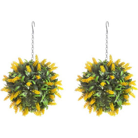 Pair of Best Artificial 24cm Yellow Lush Lavender Hanging Basket Flower Topiary Ball - Weather & Fade Resistant