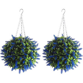 Pair of Best Artificial 28cm Blue Lush Lavender Hanging Basket Flower Topiary Ball - Weather & Fade Resistant