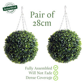 Pair of Best Artificial 28cm Green Boxwood Buxus Grass Hanging Basket Topiary Ball - Suitable for Outdoor Use