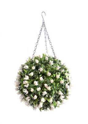 Pair of Best Artificial 28cm Ivory White Tulip Hanging Basket Flower Topiary Ball - Weather & Fade Resistant