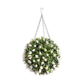 Pair of Best Artificial 28cm Ivory White Tulip Hanging Basket Flower Topiary Ball - Weather & Fade Resistant