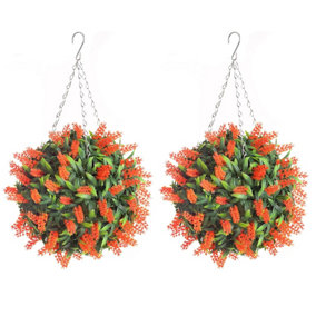 Pair of Best Artificial 28cm Orange Lush Lavender Hanging Basket Flower Topiary Ball - Weather & Fade Resistant