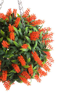 Pair of Best Artificial 28cm Orange Lush Lavender Hanging Basket Flower Topiary Ball - Weather & Fade Resistant