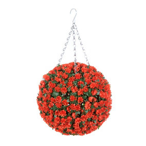 Pair of Best Artificial  28cm Orange Rose Hanging Basket Flower Topiary Ball - Suitable for Outdoor Use - Weather & Fade Resistant
