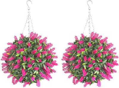 Pair of Best Artificial  28cm Pink Lush Lavender Hanging Basket Flower Topiary Ball - Weather & Fade Resistant