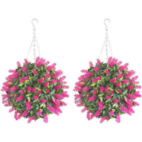 Pair of Best Artificial  28cm Pink Lush Lavender Hanging Basket Flower Topiary Ball - Weather & Fade Resistant