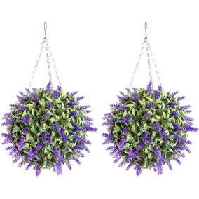 Pair of Best Artificial 28cm Purple Lush Lavender Hanging Basket Flower Topiary Ball - Weather & Fade Resistant