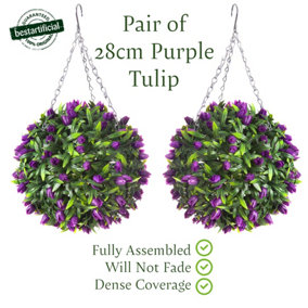 Pair of Best Artificial 28cm Purple Tulip Hanging Basket Flower Topiary Ball - Suitable for Outdoor Use - Weather & Fade Resistant