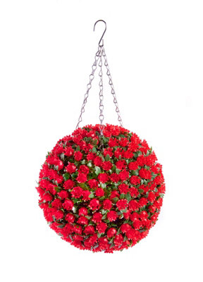 Pair of Best Artificial 28cm Red Rose Hanging Basket Flower Topiary Ball - Suitable for Outdoor Use - Weather & Fade Resistant