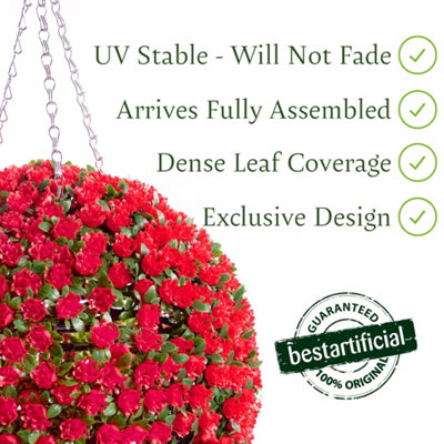 Pair of Best Artificial 28cm Red Rose Hanging Basket Flower Topiary Ball - Suitable for Outdoor Use - Weather & Fade Resistant