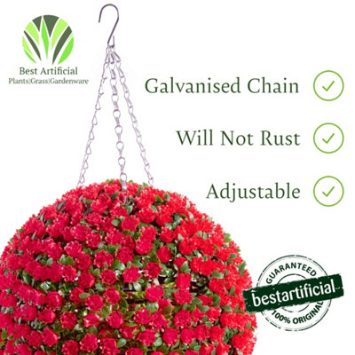 Pair of Best Artificial 28cm Red Rose Hanging Basket Flower Topiary Ball - Suitable for Outdoor Use - Weather & Fade Resistant