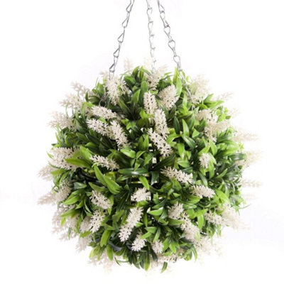Pair of Best Artificial 28cm White Lush Lavender Hanging Basket Flower Topiary Ball - Weather & Fade Resistant