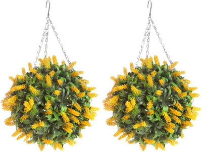 Pair of Best Artificial 28cm Yellow Lush Lavender Hanging Basket Flower Topiary Ball - Weather & Fade Resistant
