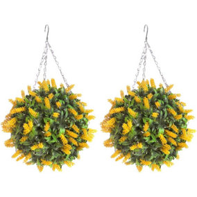 Pair of Best Artificial 28cm Yellow Lush Lavender Hanging Basket Flower Topiary Ball - Weather & Fade Resistant